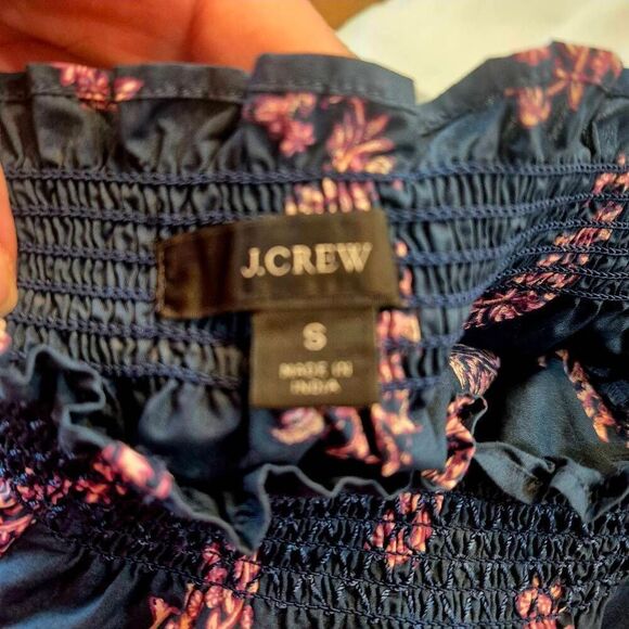 J Crew Smocked Navy & Pink puff-sleeve cotton poplin dress budding branch print - Picture 12 of 12